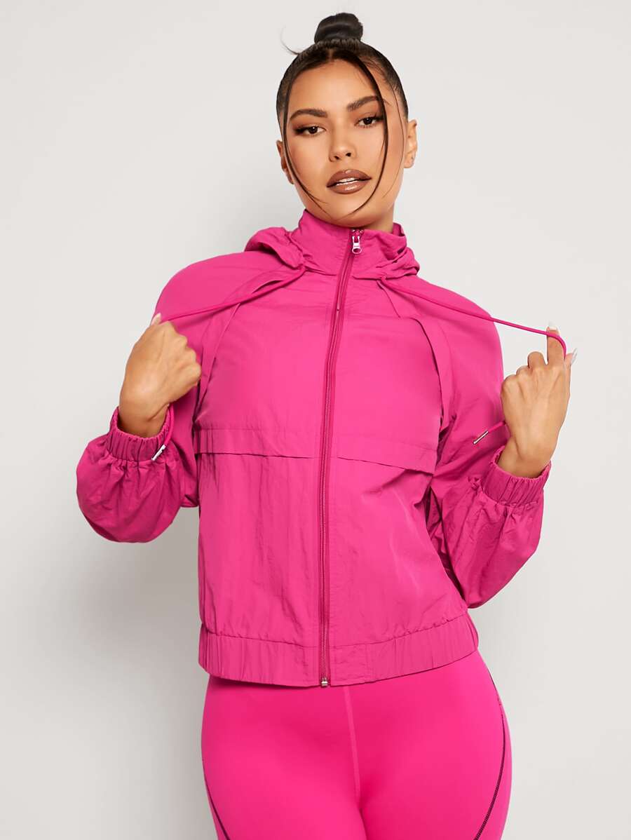 VARSITIE Zip Up Hooded Sports Jacket - Hot Pink - View 1