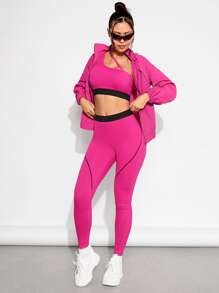 VARSITIE Zip Up Hooded Sports Jacket - Hot Pink - View 6