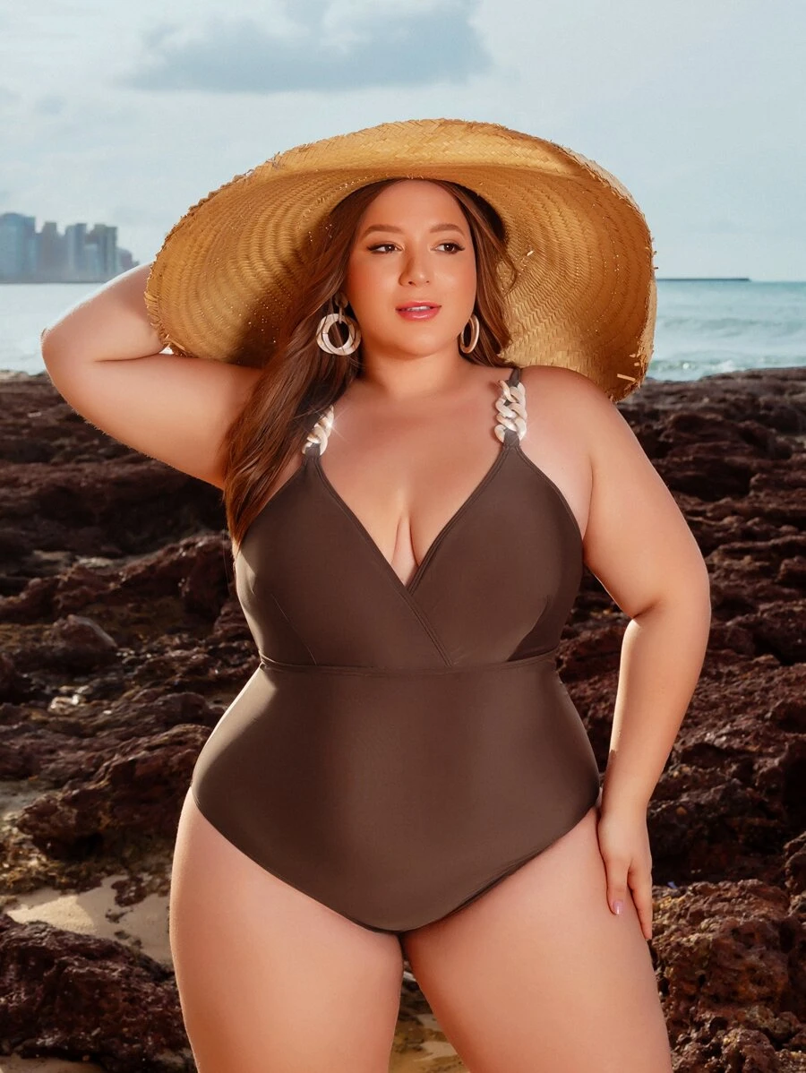 Plus Chain Detail One Piece Swimsuit - Coffee Brown - View 1