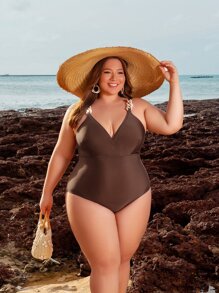 Plus Chain Detail One Piece Swimsuit - Coffee Brown - View 3