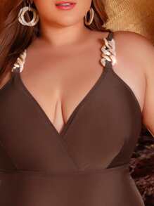 Plus Chain Detail One Piece Swimsuit - Coffee Brown - View 4