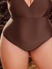 Plus Chain Detail One Piece Swimsuit - Coffee Brown - View 5