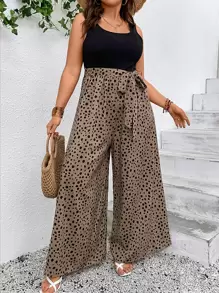 SHEIN LUNE Plus Dalmatian Print Belted Wide Leg Jumpsuit - Multicolor - View 1