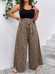 SHEIN LUNE Plus Dalmatian Print Belted Wide Leg Jumpsuit - Multicolor - View 5