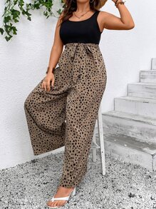 SHEIN LUNE Plus Dalmatian Print Belted Wide Leg Jumpsuit - Multicolor - View 6