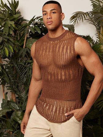 Manfinity Fever City Men Solid Pointelle Knit Top , Crochet , Funny , Friends , Vacation , Plain