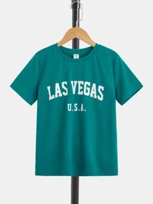SHEIN Tween Boy Letter Graphic Tee & Drawstring Waist Shorts