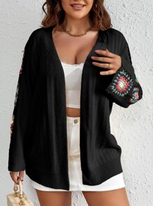SHEIN Holidaya Plus Crochet Drop Shoulder Cardigan - Black - View 3