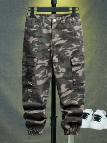 SHEIN 男孩迷彩印花翻蓋口袋工裝牛仔褲