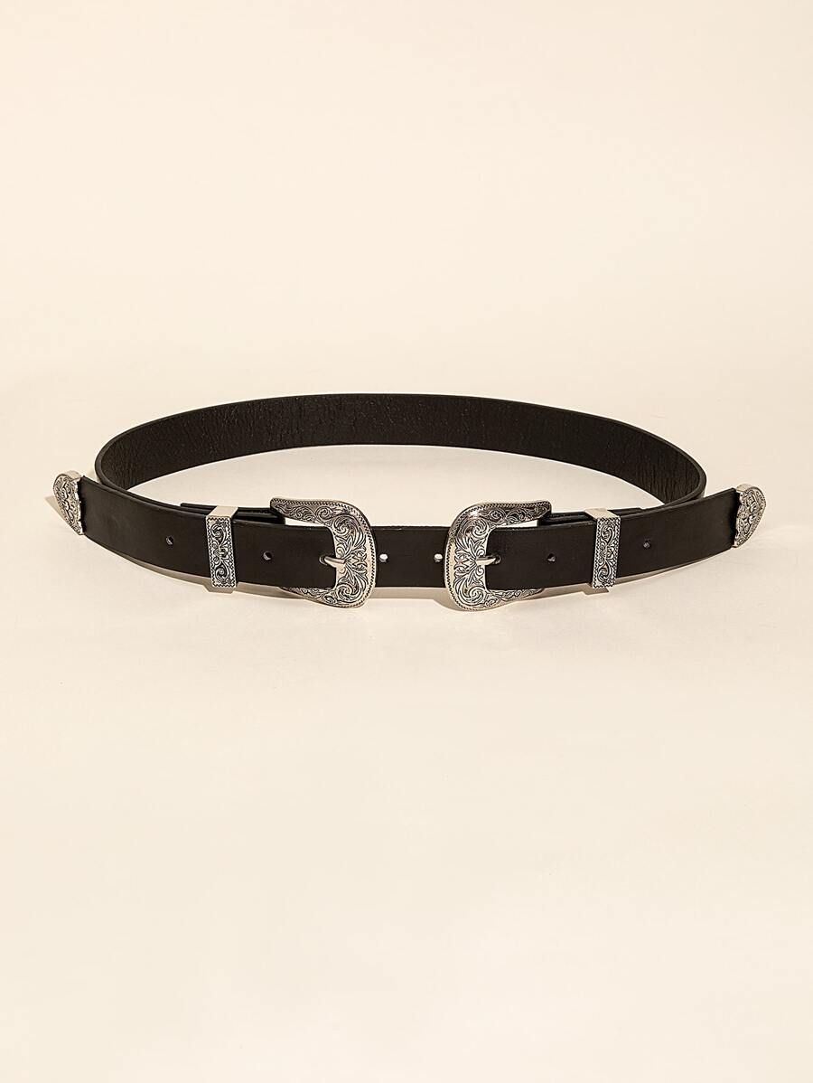 雙搭扣西部風腰帶 - 黑色 - 查看 1