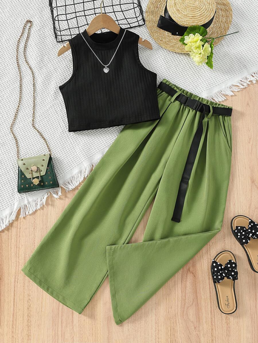 SHEIN 女孩小高領背心上衣和闊腿褲 - 彩色 - 查看 1