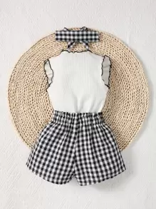 SHEIN Vintaside Kids Baby Girl Slogan Graphic Ruffle Trim Tee & Gingham Bow Front Shorts, For Christmas - Black and White - View 2