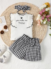 SHEIN Vintaside Kids Baby Girl Slogan Graphic Ruffle Trim Tee & Gingham Bow Front Shorts, For Christmas - Black and White - View 3