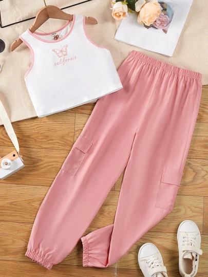 女孩蝴蝶和字母圖案撞色滾邊背心上衣和工裝褲