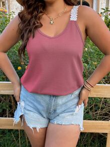 SHEIN LUNE Áo hai dây Plus Size Tương phản ren màu trơn Giải trí - Bụi hồng - Xem 3