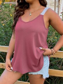 SHEIN LUNE Áo hai dây Plus Size Tương phản ren màu trơn Giải trí - Bụi hồng - Xem 5