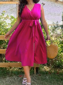 SHEIN LUNE 大碼交疊領腰帶下擺開叉洋裝 - 玫紅色 - 查看 5