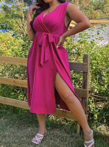 SHEIN LUNE 大碼交疊領腰帶下擺開叉洋裝 - 玫紅色 - 查看 6