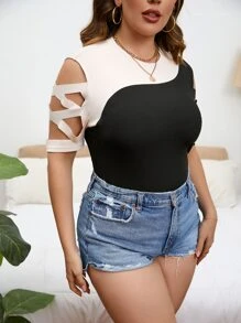SHEIN Privé Áo thun Plus size Hội Chữ thập Cắt ra Khối Màu Giải trí - Đen và trắng - Xem 5