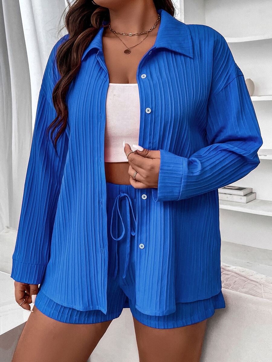 Flirla Plus Drop Shoulder Shirt & Tie Front Shorts - Blue - View 1