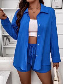 Flirla Plus Drop Shoulder Shirt & Tie Front Shorts - Blue - View 4