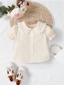嬰兒彼得潘領網眼刺繡泡泡袖襯衫 - 杏色 - 查看 1
