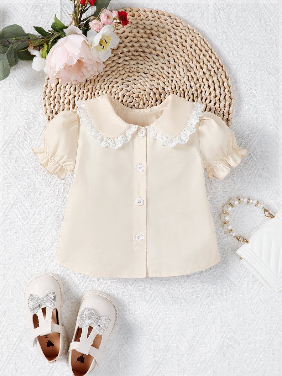 嬰兒彼得潘領網眼刺繡泡泡袖襯衫 - 杏色 - 查看 1