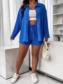 Flirla Plus Drop Shoulder Shirt & Tie Front Shorts - Blue - View 6