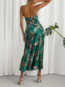 SHEIN Frenchy Allover Print Split Thigh Cami Dress - Green - View 2