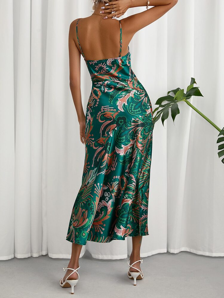 SHEIN Frenchy Allover Print Split Thigh Cami Dress - Green - View 2