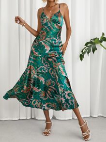 SHEIN Frenchy Allover Print Split Thigh Cami Dress - Green - View 3