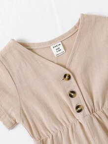 Baby Button Front V Neck Jumpsuit - Khaki - View 3