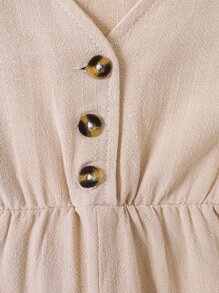 Baby Button Front V Neck Jumpsuit - Khaki - View 4