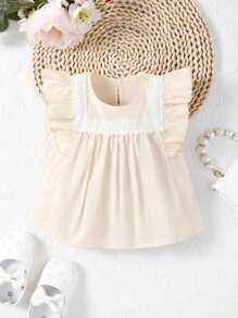 嬰兒拼接網眼刺繡荷葉邊後鎖孔襯衫 - 杏色 - 查看 1