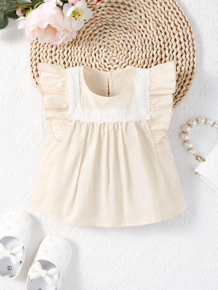 嬰兒拼接網眼刺繡荷葉邊後鎖孔襯衫 - 杏色 - 查看 1