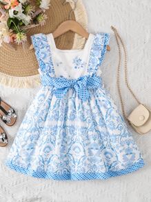 Toddler Girls Floral Print Ruffle Trim Dress - Blue and White - View 1