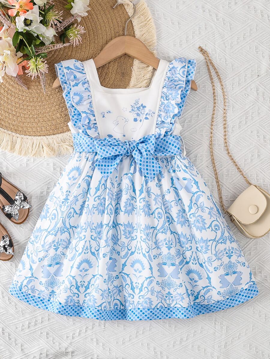 Toddler Girls Floral Print Ruffle Trim Dress - Blue and White - View 1