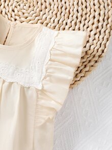 嬰兒拼接網眼刺繡荷葉邊後鎖孔襯衫 - 杏色 - 查看 4