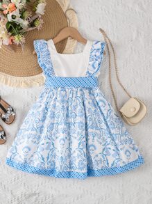 Toddler Girls Floral Print Ruffle Trim Dress - Blue and White - View 2