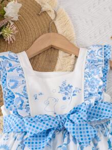 Toddler Girls Floral Print Ruffle Trim Dress - Blue and White - View 3