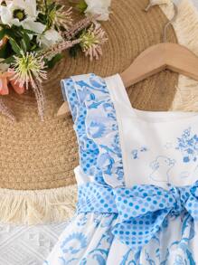 Toddler Girls Floral Print Ruffle Trim Dress - Blue and White - View 5
