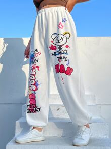 SHEIN EZwear Plus Size Quần thể thao Hoạt hình Lá thư - trắng - Xem 4