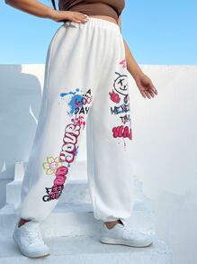 SHEIN EZwear Plus Size Quần thể thao Hoạt hình Lá thư - trắng - Xem 3