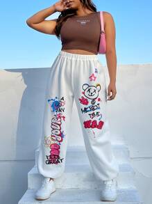 SHEIN EZwear Plus Size Quần thể thao Hoạt hình Lá thư - trắng - Xem 2