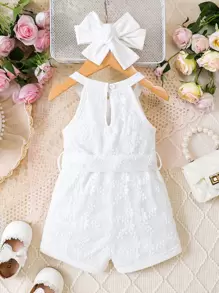 Baby Girl Floral Embroidery Cami Romper & Accessory Headband - White - View 2