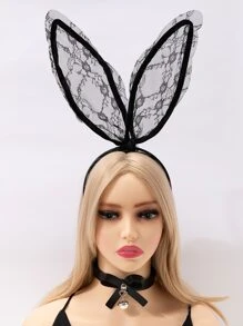 Rabbit Ear Design Costume Headband & Bow Decor Choker - Black - View 1