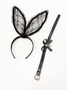 Rabbit Ear Design Costume Headband & Bow Decor Choker - Black - View 2