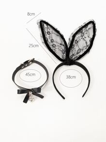 Rabbit Ear Design Costume Headband & Bow Decor Choker - Black - View 3