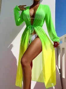Swim Vcay Ombre Mesh Tie Front Kimono - Multicolor - View 1