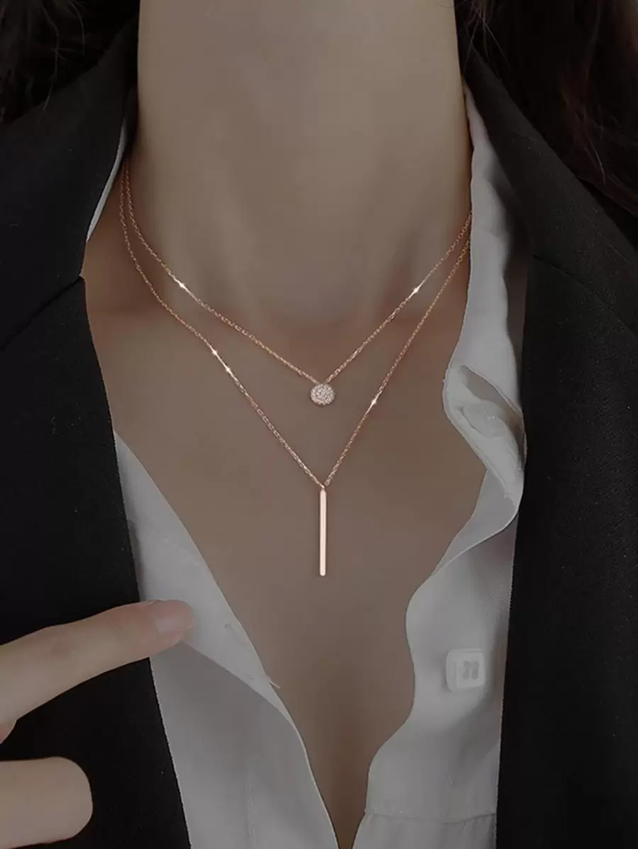 水鑽和矩形吊墜多層次項鍊